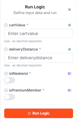 The Run Logic panel showing input fields for testing directly from the Specification view