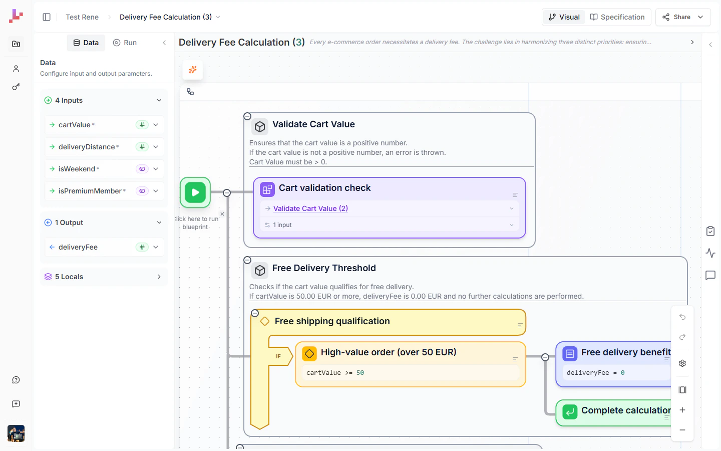 The Blueprint Editor showing the Visual view with the Delivery Fee Calculation blueprint
