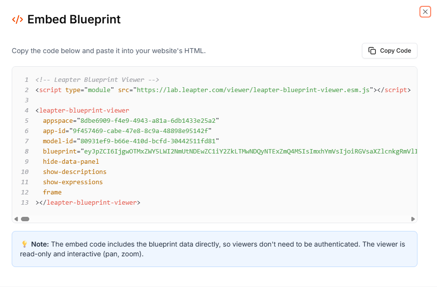 The Embed Blueprint dialog showing the HTML embed code