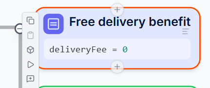 A selected assignment node with the node toolbar visible on its left side
