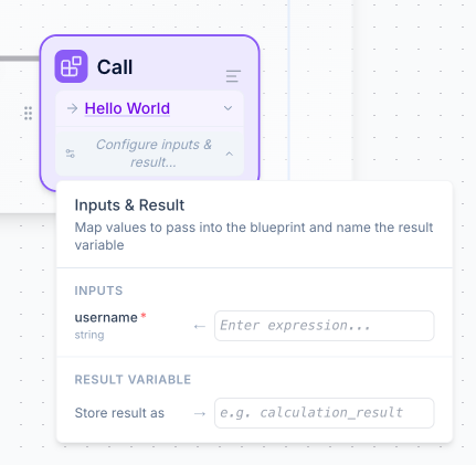 The Inputs and Result configuration showing input parameter mapping and result variable fields