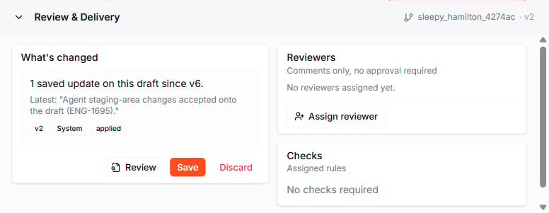 The Review & Delivery panel showing What's changed, a Reviewers section with Assign reviewer, a Checks section, and Review, Save, and Discard actions