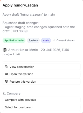 An expanded change card showing the author, timestamp, project version, and the View conversation, Open this version, and Restore this version actions