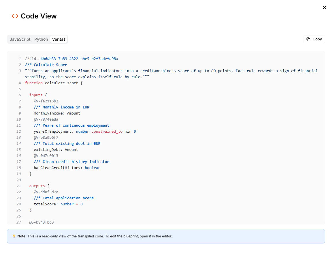 The Code View dialog with the Veritas tab selected, showing the Calculate Score Blueprint with its inputs and outputs, and the Copy button