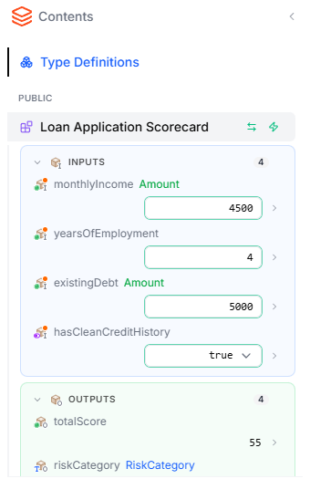 The Contents sidebar with the Loan Application Scorecard Blueprint expanded — the green spark marks the Execution Scope, and the Inputs and Outputs are listed below with fields to set values and the results of the last run