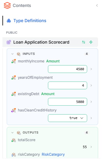 The Contents sidebar with the Loan Application Scorecard Blueprint expanded — the green spark marks the Execution Scope, and the Inputs and Outputs are listed below with fields to set values and the results of the last run