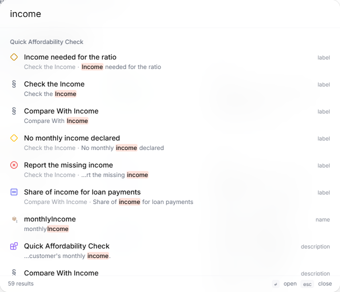 The Search project dialog with the word income, listing matches in the Quick Affordability Check — section and node labels, a parameter name, and descriptions — with 59 results in total