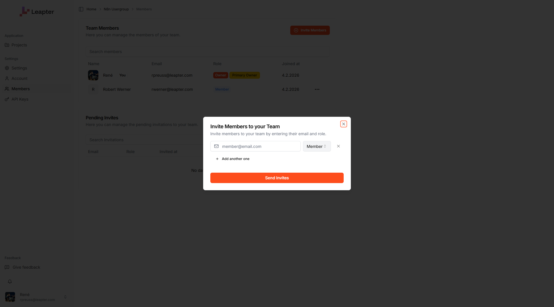 The Invite Members dialog with email and role fields