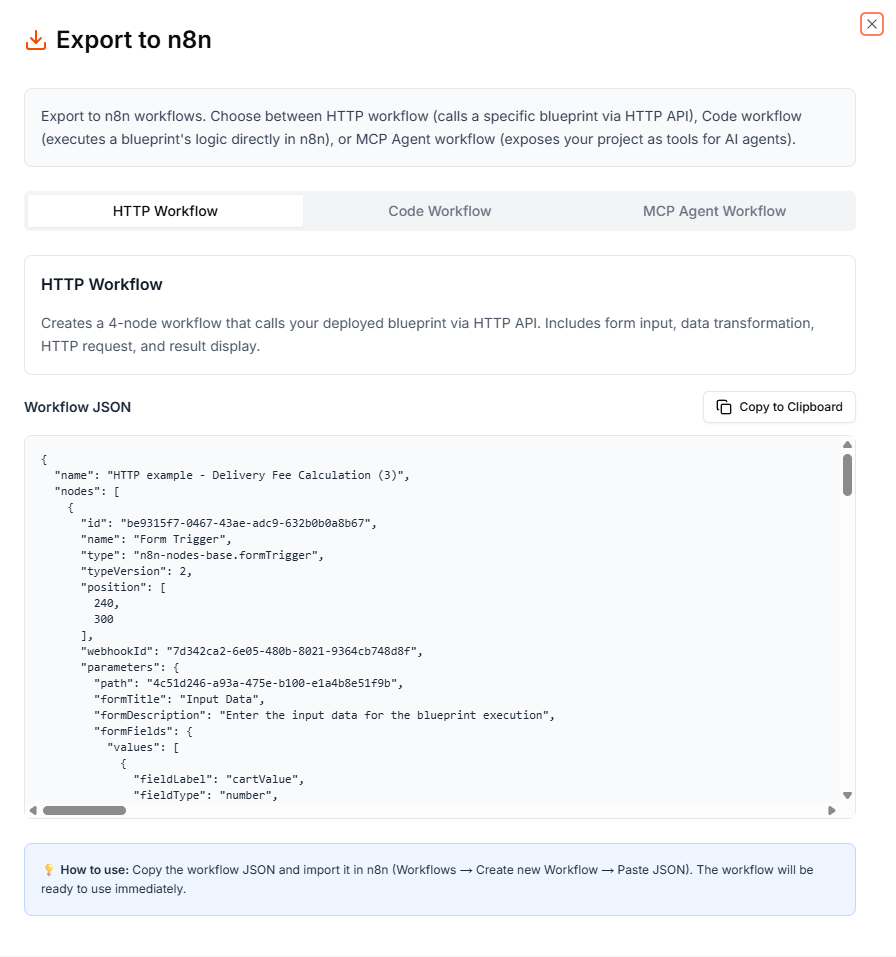 The Export to n8n dialog showing the HTTP Workflow tab with the workflow JSON