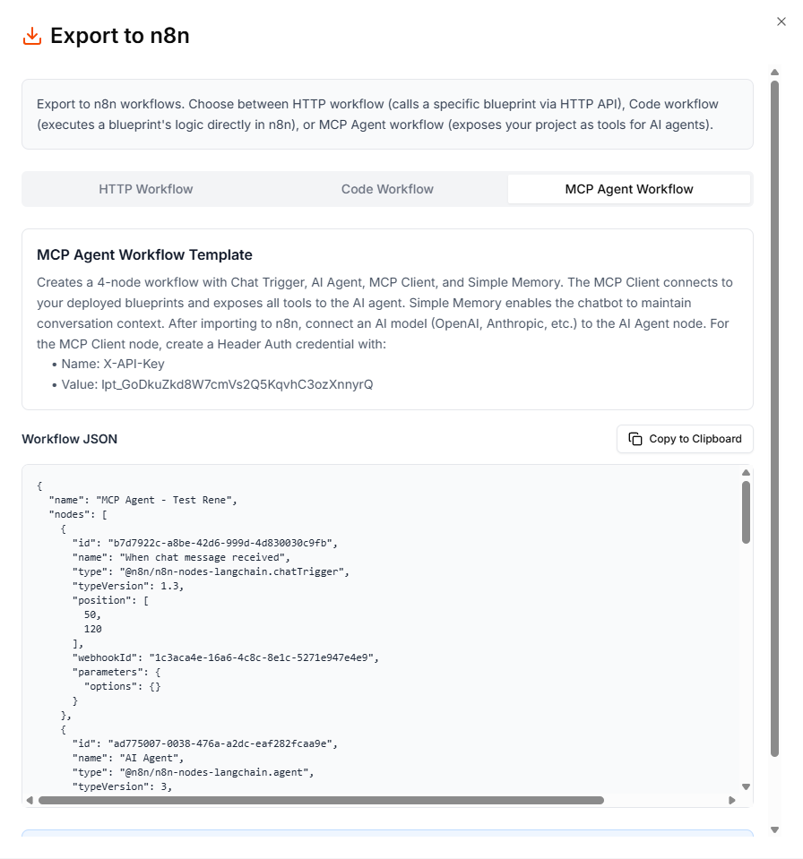 The Export to n8n dialog showing the MCP Agent Workflow tab