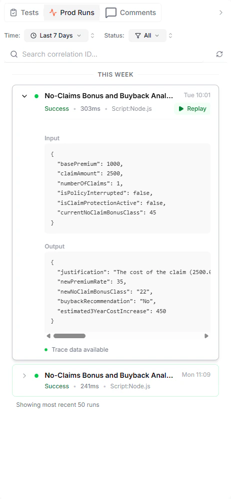 The Prod Runs panel showing a list of runs, with one expanded to show input data, output data, and a Replay button