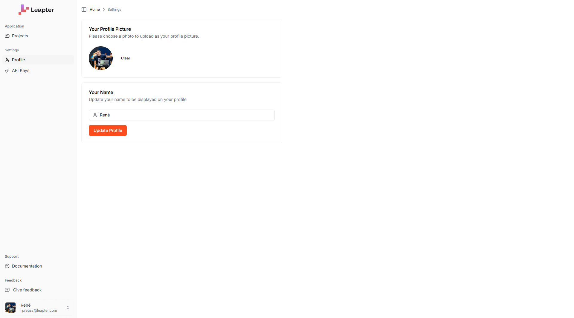 The Profile settings page showing profile picture and name fields