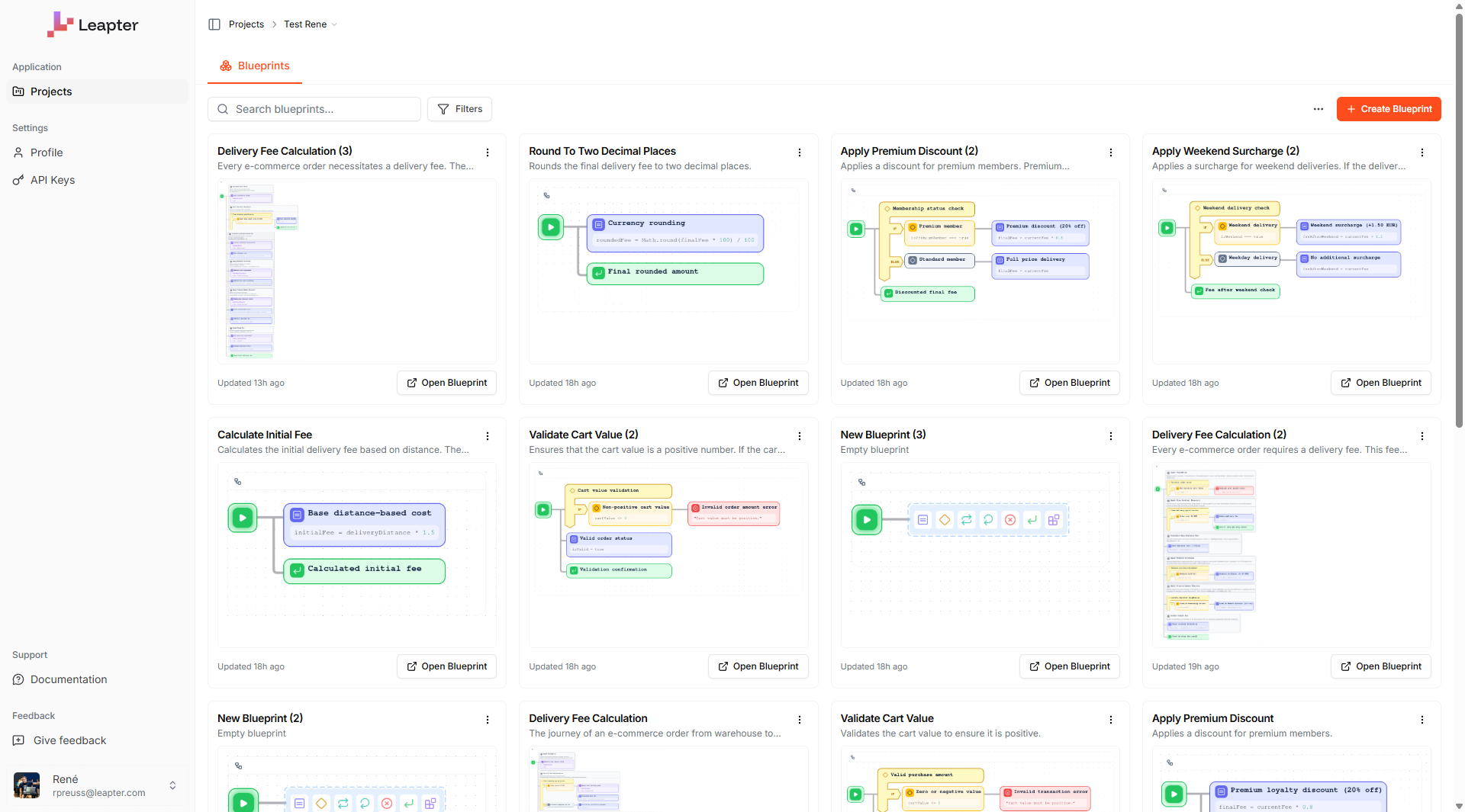 Inside a project showing Blueprint cards with visual previews, search, and Create Blueprint button