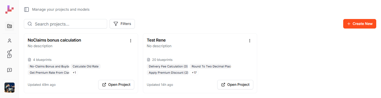 The Projects page showing project cards with blueprint counts and previews