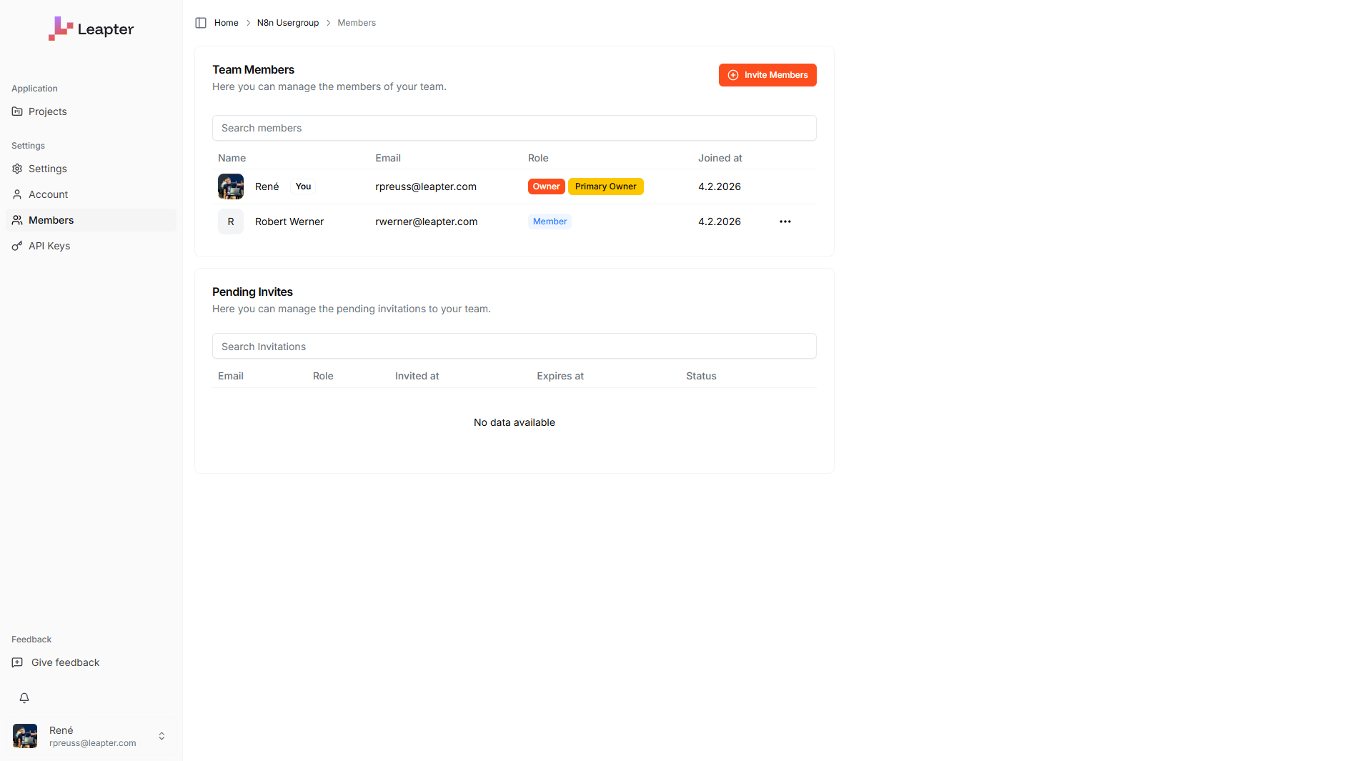 The Members page showing team members and pending invites