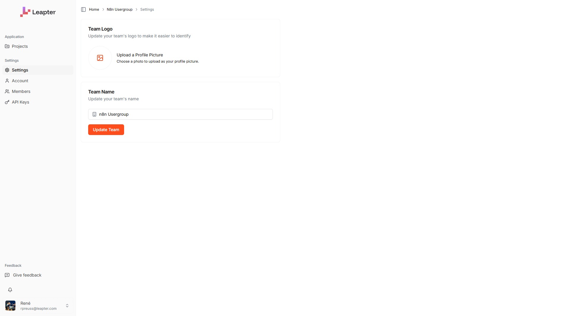 The team Settings page showing Team Logo and Team Name fields