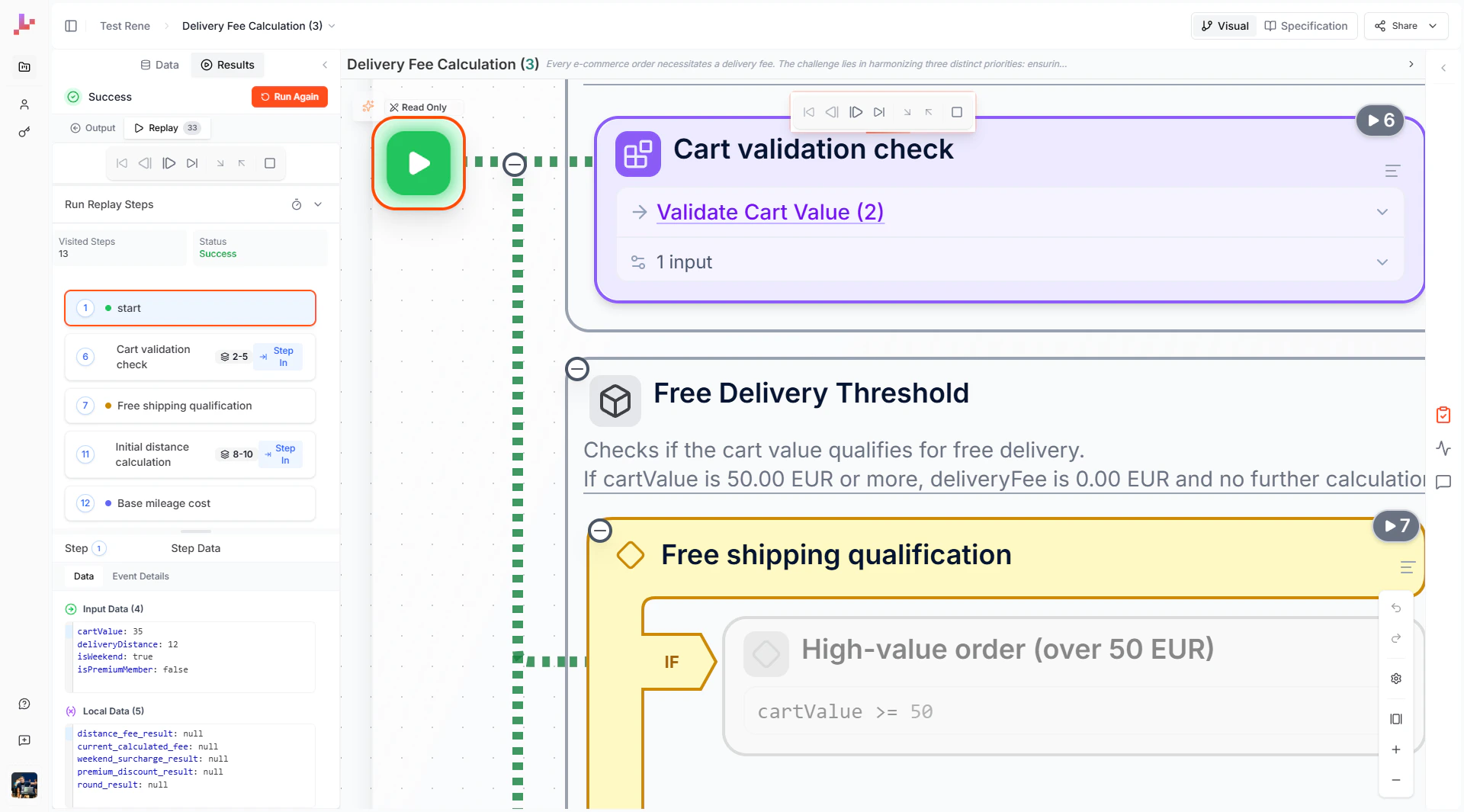 The Replay panel showing the step timeline, step data, and execution path on the canvas
