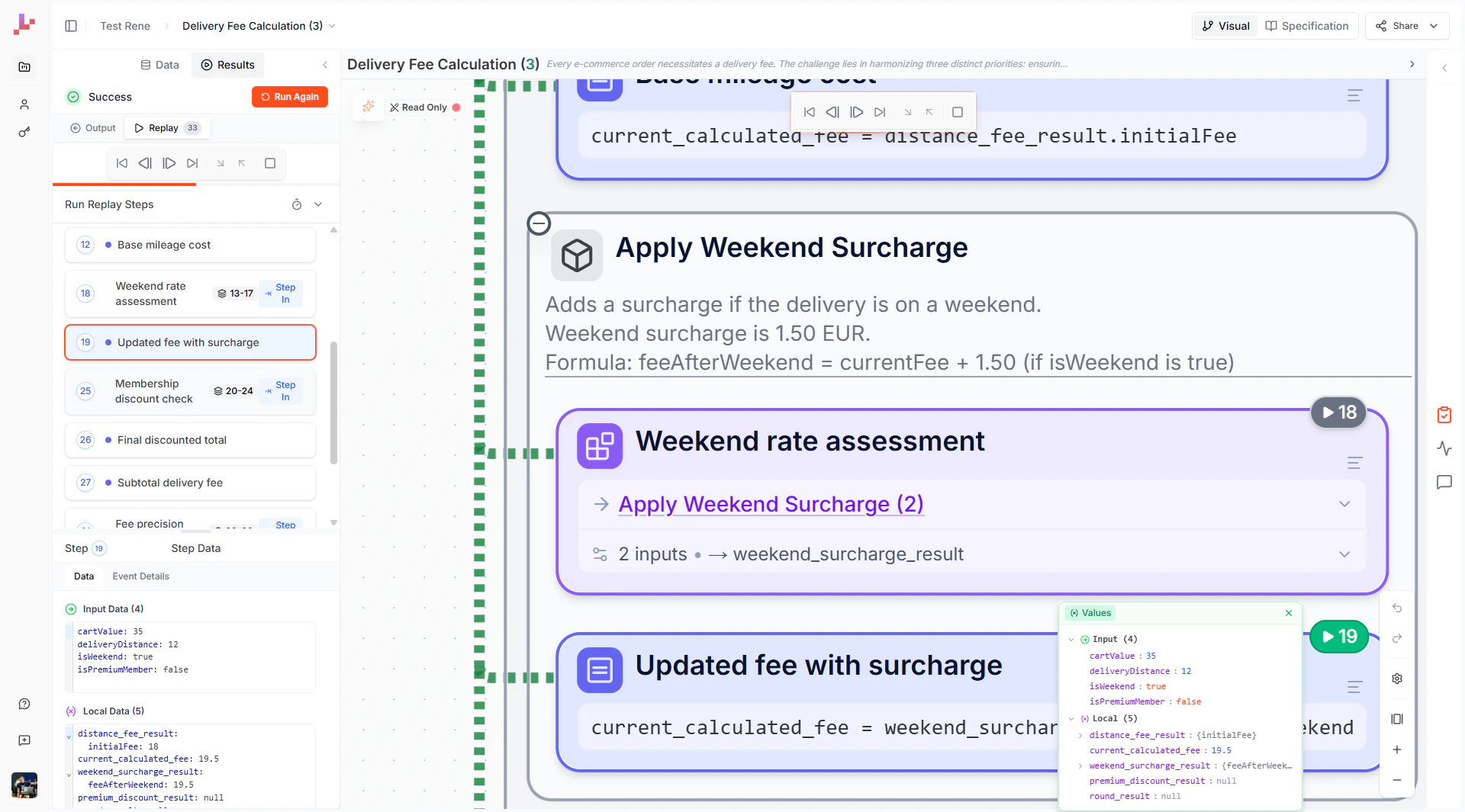 Replay at Step 19 showing the Values popup on the canvas with variable data