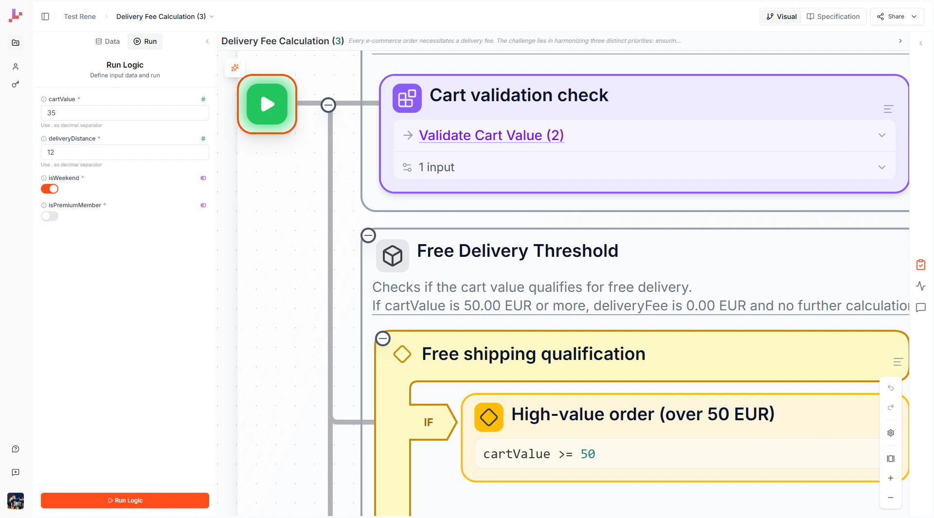 Run Logic panel with input fields