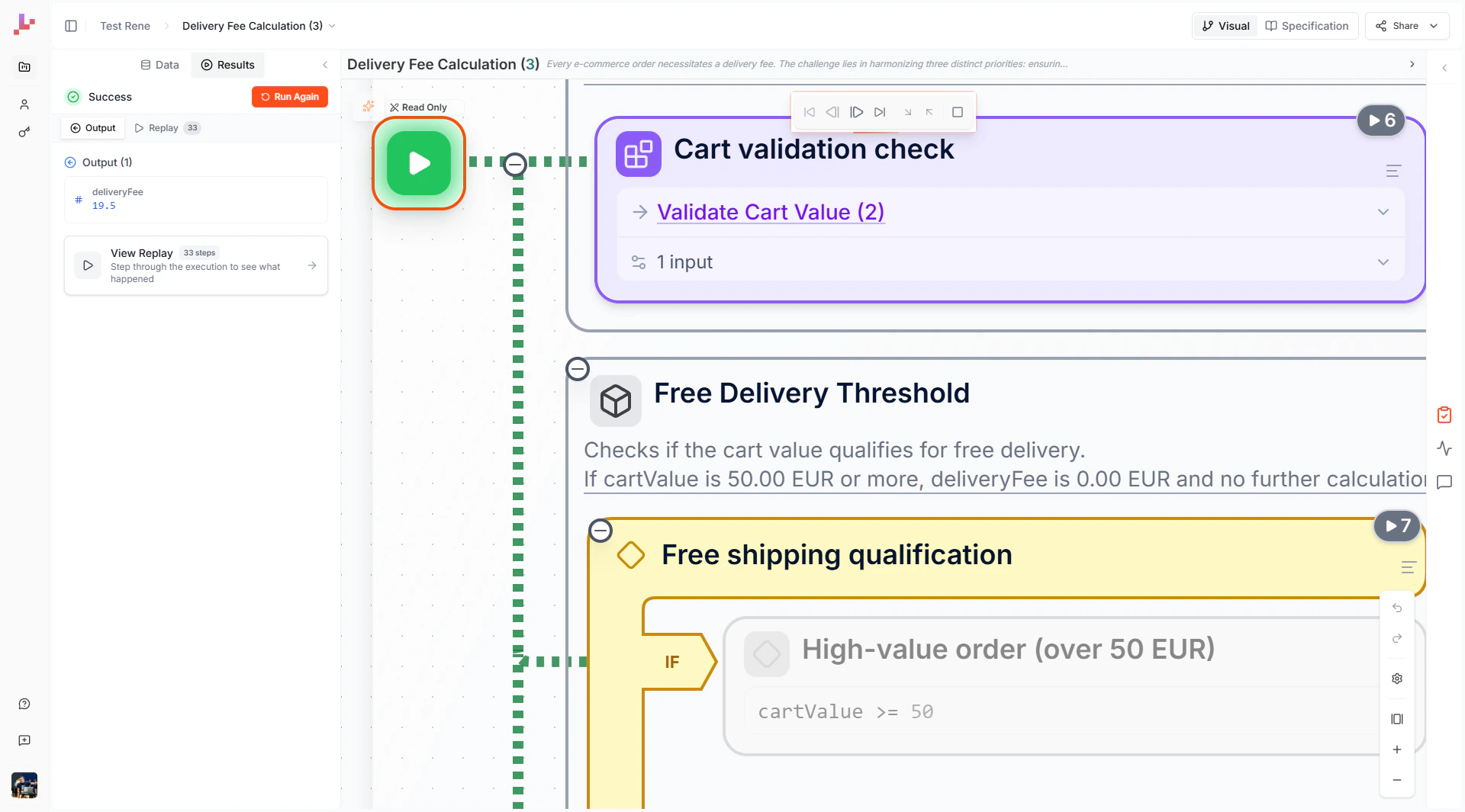 Results panel showing successful output with execution path highlighted on the canvas
