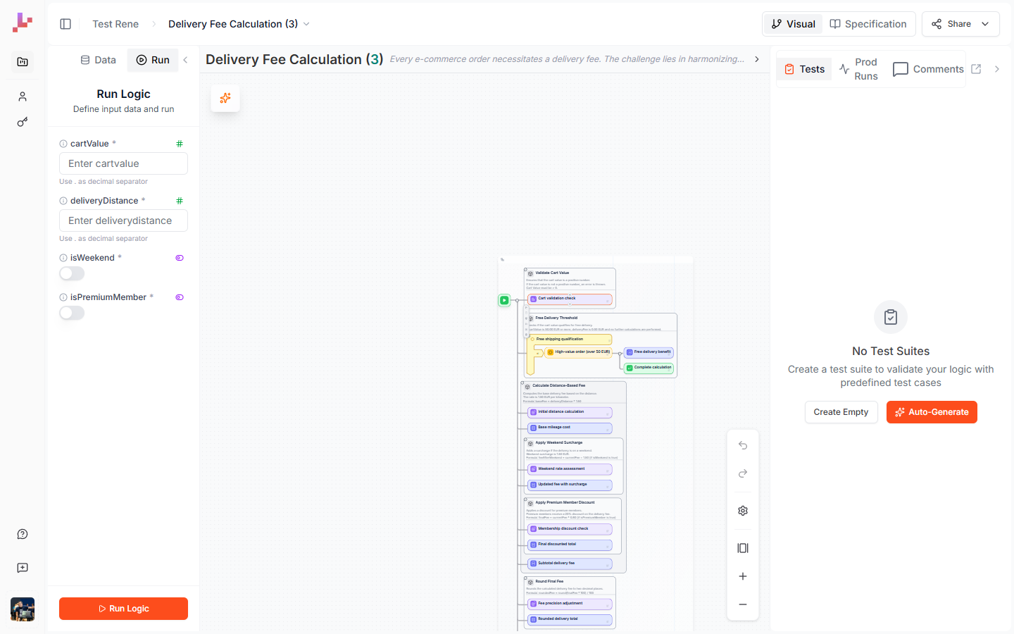 The Tests panel showing "No Test Suites" with Create Empty and Auto-Generate buttons