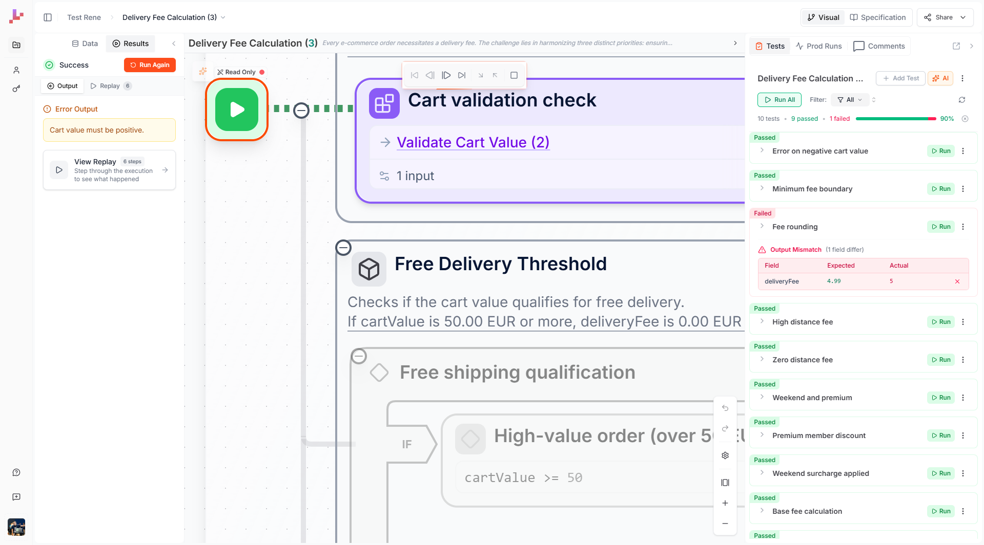 Test suite results showing 9 passed and 1 failed test with a 90% pass rate