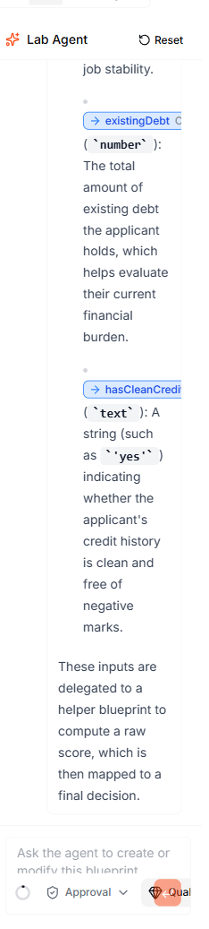The Lab Agent panel: a streamed answer that references the project's inputs as type-annotated @-mention pills, with the composer and Approval/Quality controls below