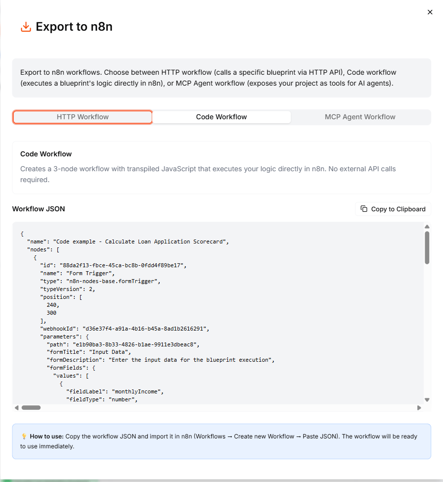 The Export to n8n dialog showing the Code Workflow tab