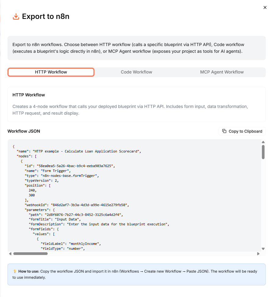 The Export to n8n dialog showing the HTTP Workflow tab with the workflow JSON