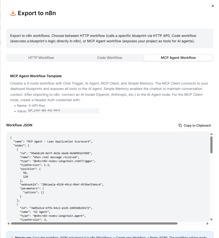 The Export to n8n dialog showing the MCP Agent Workflow tab