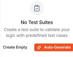 The Tests panel showing "No Test Suites" with Create Empty and Auto-Generate buttons