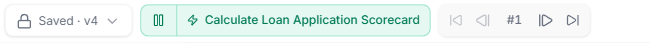 Top toolbar after a run — the blueprint pill shows the successful execution and the trace controls (jump-first, previous, step counter, next, jump-last, step-into, step-out) are enabled for stepping through the execution