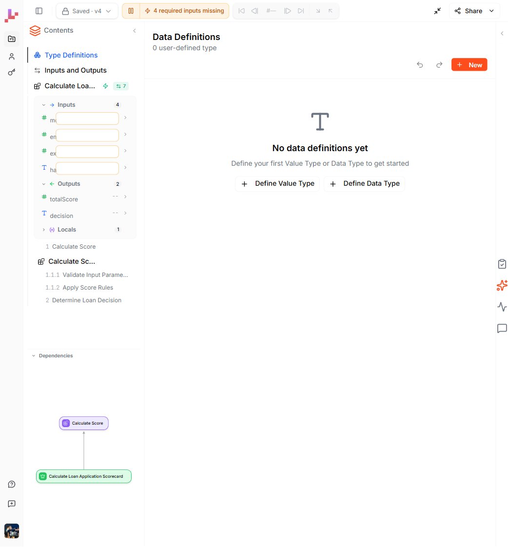 The Type Definitions editor in its empty state — Define Value Type and Define Data Type buttons offer the two starting points