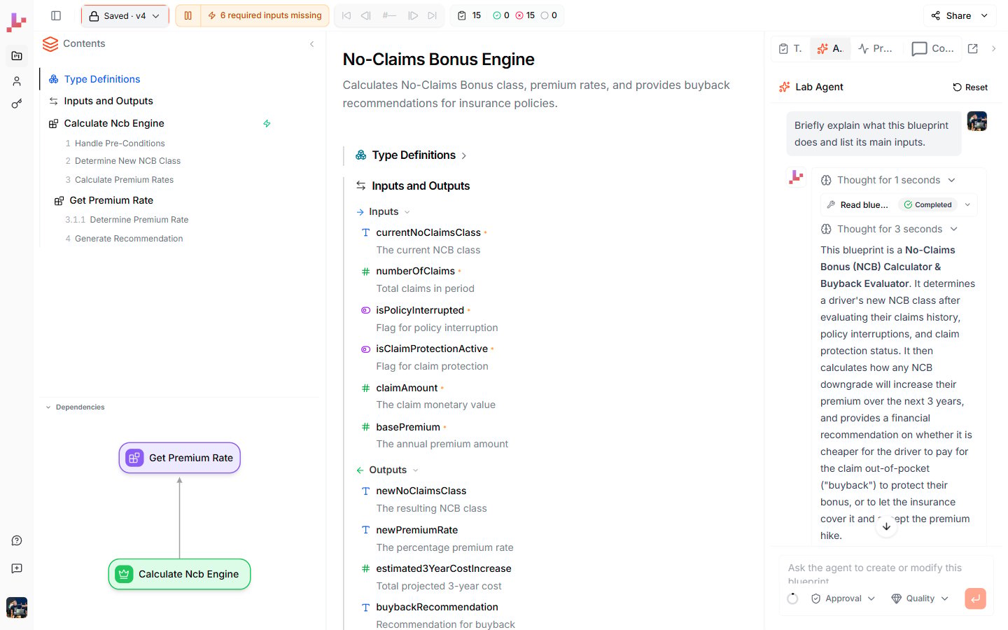The Lab Agent chat panel open beside the No-Claims Bonus Engine Specification View, answering a question with type-annotated reference pills