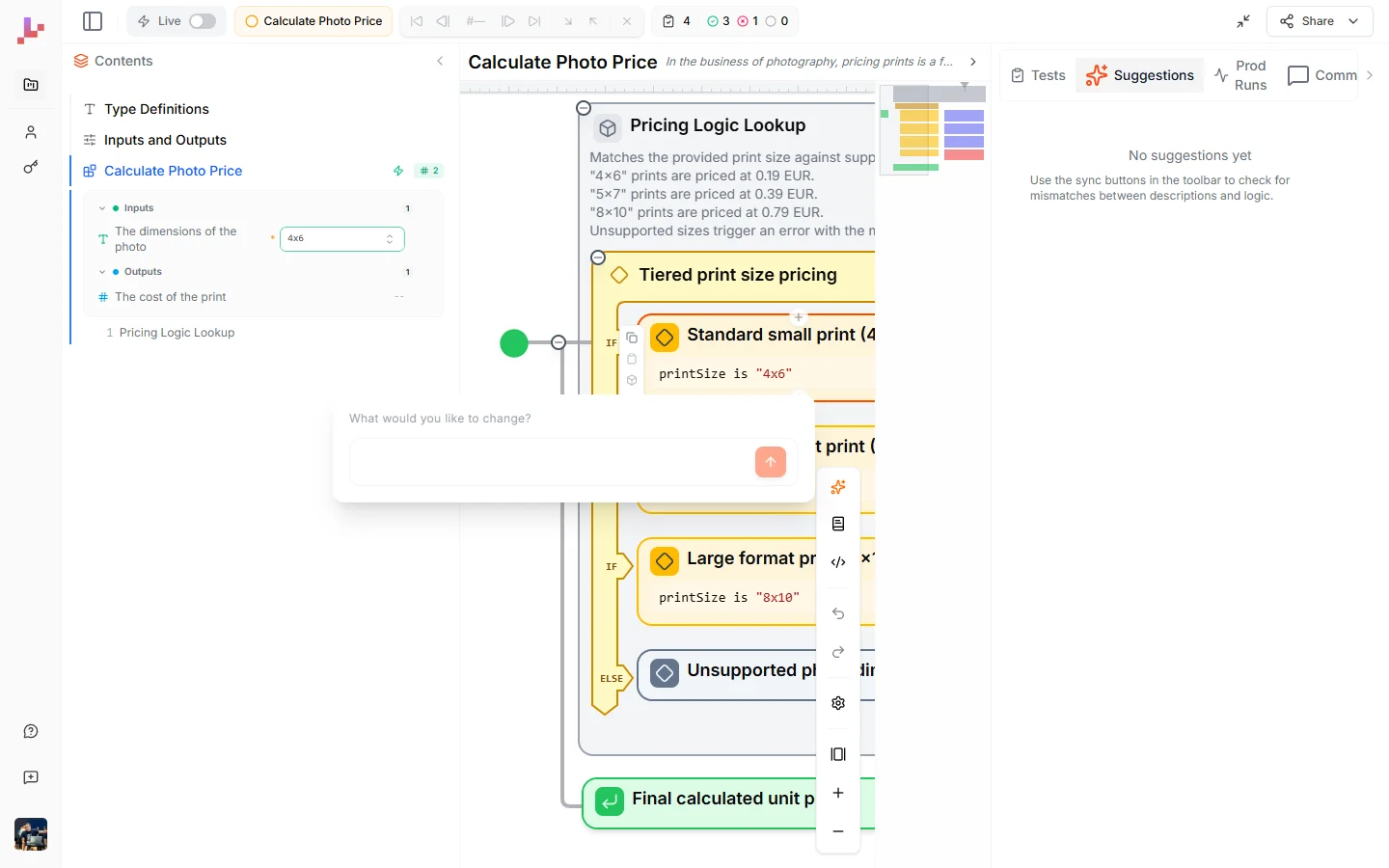 The AI prompt bar — a floating input labeled "What would you like to change?" appears next to the selected node