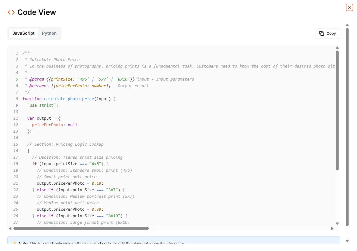 The Code View dialog showing transpiled JavaScript with syntax highlighting
