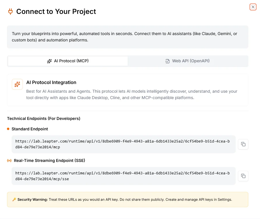 The Connect dialog showing the AI Protocol (MCP) tab with endpoint URLs