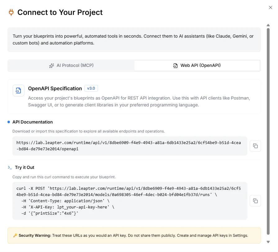The Connect dialog showing the Web API (OpenAPI) tab with the spec URL and curl example