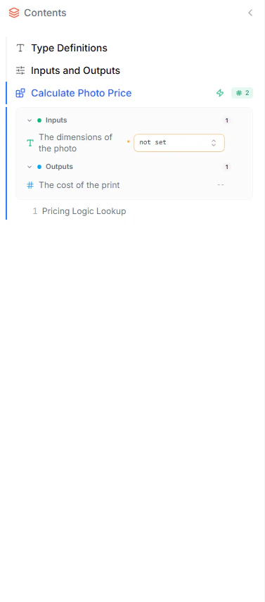 The Contents sidebar with a blueprint expanded — inputs are shown with a not set dropdown control, outputs show their current value