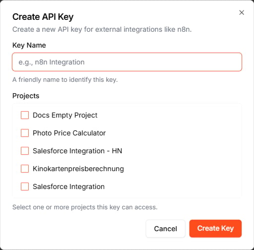 The Create API Key dialog with fields for key name and project selection