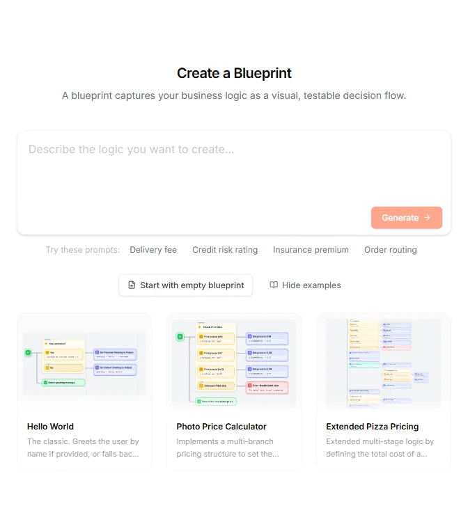 The Create a Blueprint page with three example template cards visible — Hello World, Photo Price Calculator, and Extended Pizza Pricing