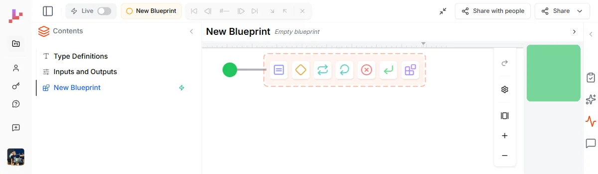 Empty Blueprint with the Start node and element palette ready next to it