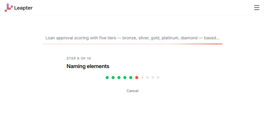 Generation progress with the prompt at the top, the current step ("Naming elements") below, and a row of stage dots showing progress