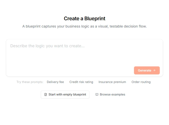 The Create a Blueprint page with prompt field, Generate button, and suggestion chips