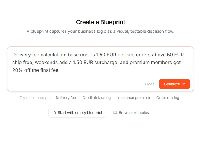 Prompt filled with a delivery fee description, Generate button active