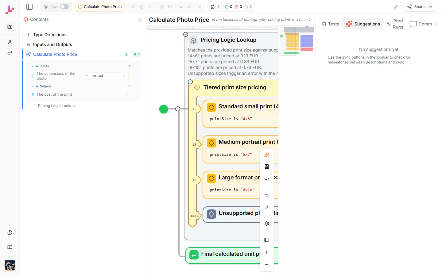 A maximized Blueprint with the Pricing Logic Lookup section, a yellow Tiered print size pricing decision branch, a return node, the Outputs footer, and the right-edge canvas toolbar