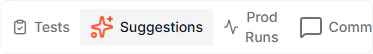 The right sidebar tab strip with Tests, Suggestions, Prod Runs, and Comments