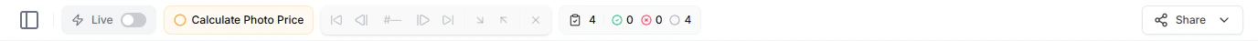 Top toolbar with the Live toggle, the maximized blueprint pill, trace controls, test status indicators, and the Share button