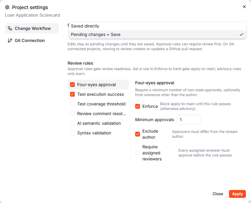 The Project settings of the Loan Application Scorecard with the Change workflow menu open — Saved directly and Pending changes + Save — and the Review rules below it