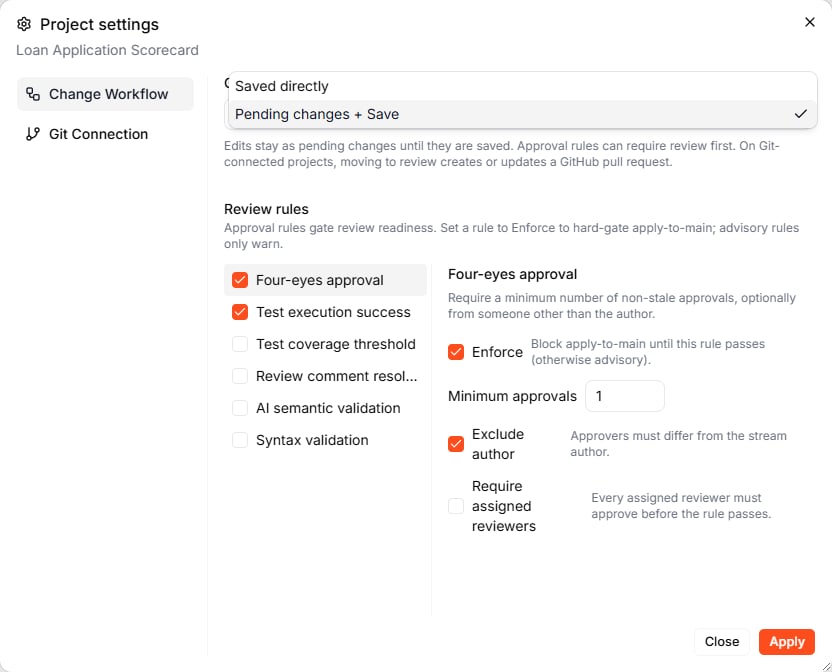 The Project settings of the Loan Application Scorecard with the Change workflow menu open — Saved directly and Pending changes + Save — and the Review rules below it